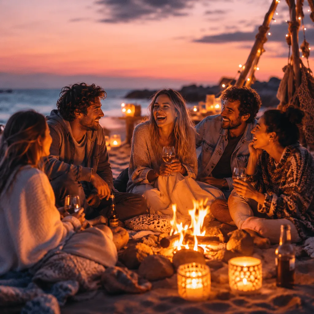 Eine Gruppe erwachsener Freund:innen sitzt abends bei warmem Licht am Strand zusammen.