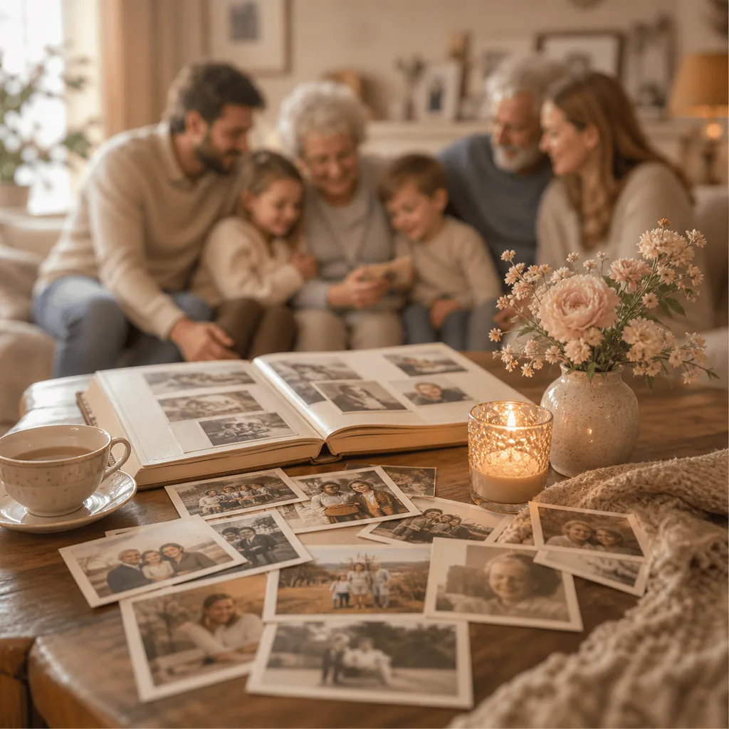A family sits together in a living room and looks through old photo albums and printed memories.